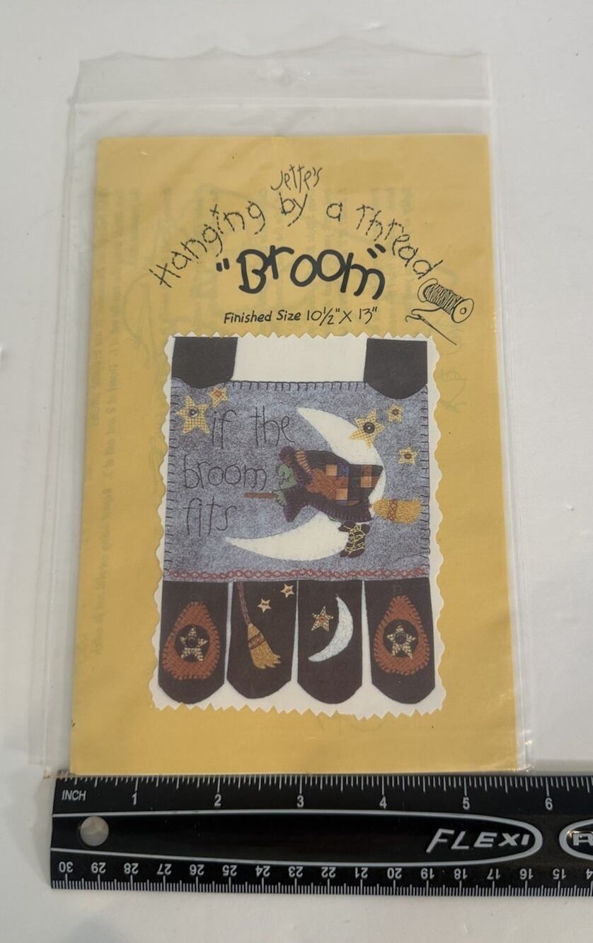 Hanging By A Thread “Broom” Halloween Witch Wool Felt Applique Pattern Primitive